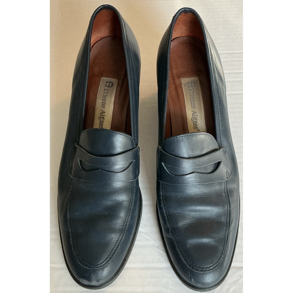 Etienne Aigner Navy Blue Leather Waldo Block Heel Loafers size 7M